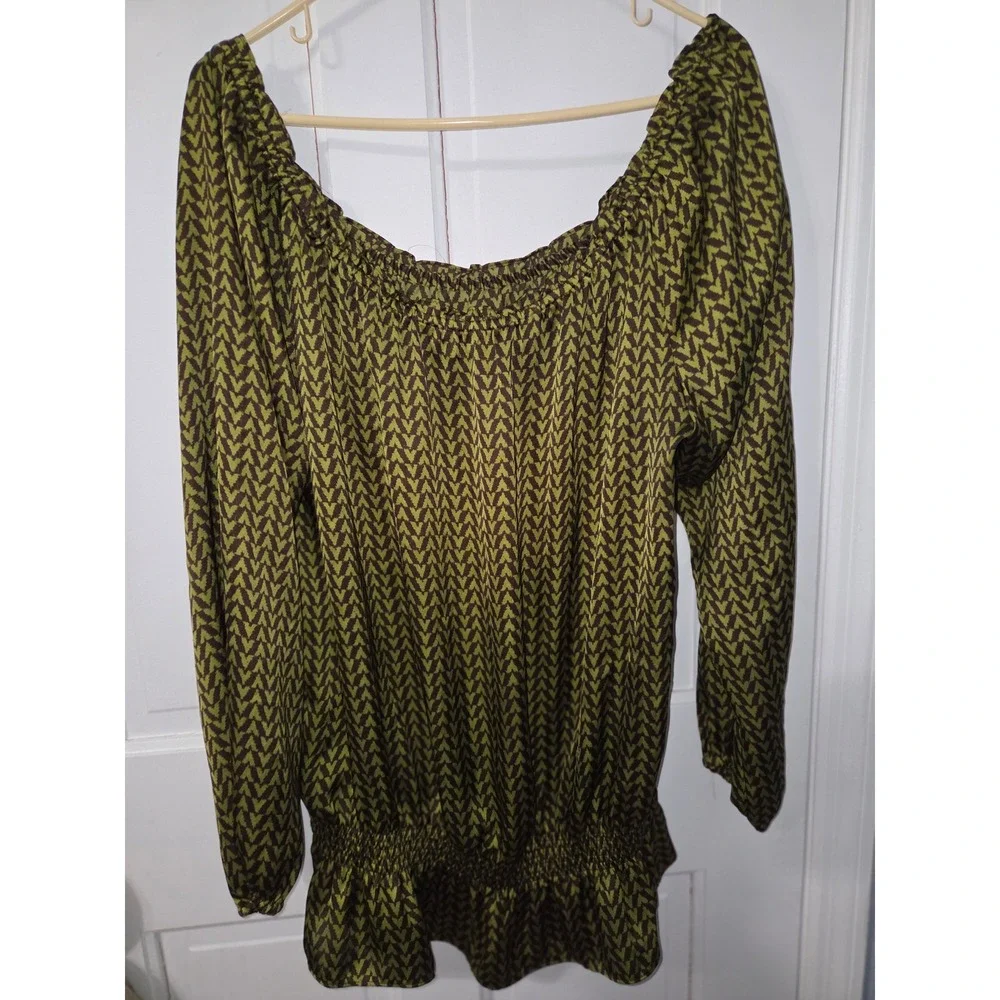 Michael Kors Blouse Women XL Green Geometric Boho Peasant‎ Top